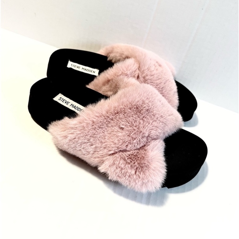 Steve Madden Amari Black Slides with Purple/Pink Faux Fur